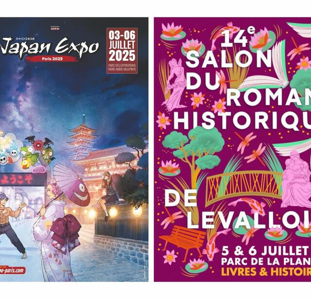 Affiche de la Japan Expo 2025 et du 14e salon du roman historique de Levallois