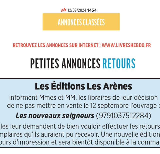 Les Arènes petite annonce dans livres Hebdo