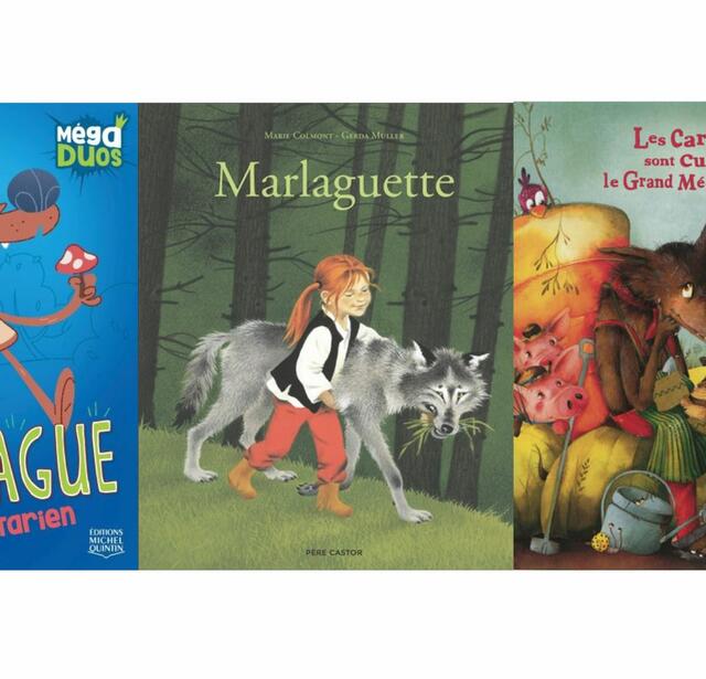 Gonzague, le loup végétarien de Daniel Laverdure, (Michel Quintin), Marlaguette de Marie Colmont (Père Castor-flammarion) et Les carottes sont cuites pour le grand méchant loup ! de Bogeat Suzanne et Xavière Devos (L’Élan vert)