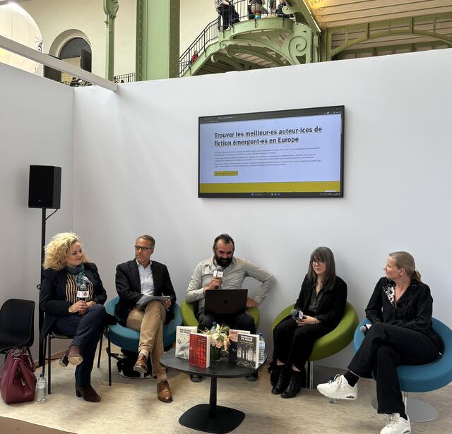 Table ronde prix de l’Union européenne Festival du livre de Paris : Aurélie Bontout-Roche, Patrice Locmant, Alexandre Mouawad, Hélène Frédérick, Katharina Loïc Van Hoof