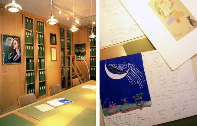 Salle de lecture de la bibliothèque Jacques Doucet et poème "lumière de mes nuits" Youri de Robert Desnos