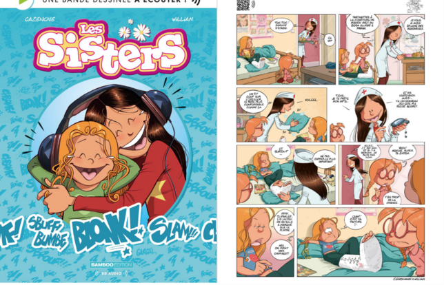 Couverture et extrait du tome 1 de la BD sonore "Les Sisters", à paraître le 28 août 2025