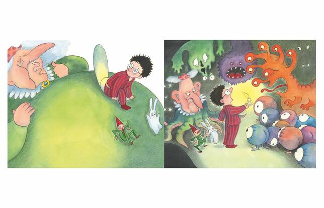 Deux pages de Dans le ventre de Cornebidouille, à paraître le 29 avril aux éditions l'Ecole des loisirs