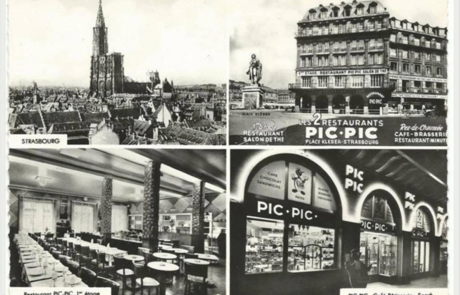 Les deux restaurants Pic Pic, place Kléber, occupaient l'immeuble de l'actuelle librairie Kléber, ici sur une carte postale ancienne.