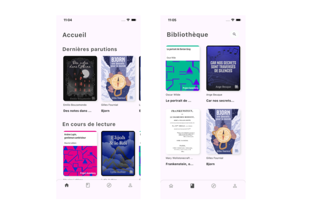 Les écrans d'accueil et de bibliothèque de l'application Nooks, avec l'Odyssée et les premiers titres du catalogue