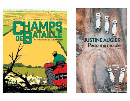 Champs de bataille : l’histoire enfouie du remembrement de Inès Léraud et Pierre Van Hove (Éditions La Revue dessinée - Delcourt) et Personne morale de Justine Augier (Éditions Actes Sud)