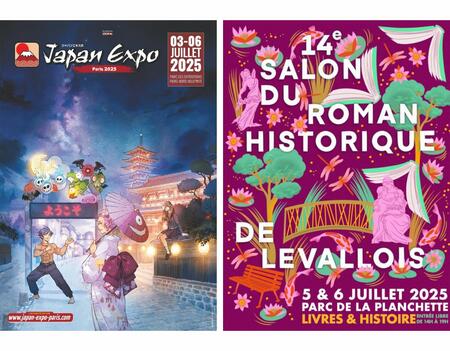 Affiche de la Japan Expo 2025 et du 14e salon du roman historique de Levallois