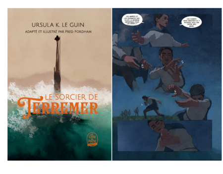 Couverture et extrait du "Sorcier de Terremer" d'Ursula Le Guin adapté par Fred Fordham (Le Livre de Poche Graphic)