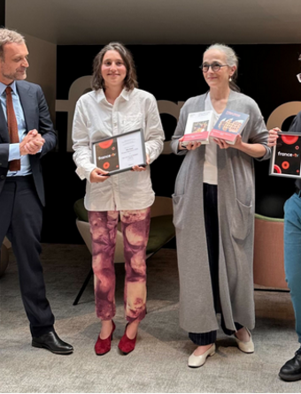 De gauche à droite : Augustin Trapenard, Adèle Yon, Delphine Ernotte Cunci, Philippe Manevy