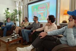  À BD à Bastia, Frédéric Michel (ACBD, à gauche) anime la conférence sur l'édition et la traduction de BD étrangères avec de gauche à droite, Kirsi Kinnunen, Ville Rante, et Guillaume et Damien Filliatre Borja. - Photo Benjamin Roure 