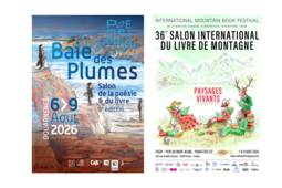 Les affiches du 9e Salon de la poésie et du livre Baie des Plumes, à Douarnenez, et du 36e Salon international du livre de montagne de Passy, placé cette année sous le thème « Paysages vivants ».
